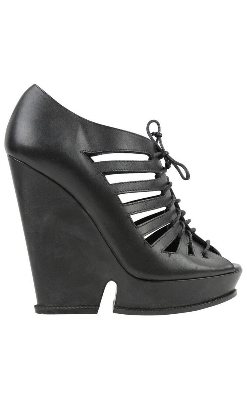 YSL Women's Black Hortense Leather Lace-Up Platform Wedge Heels Size 37.5